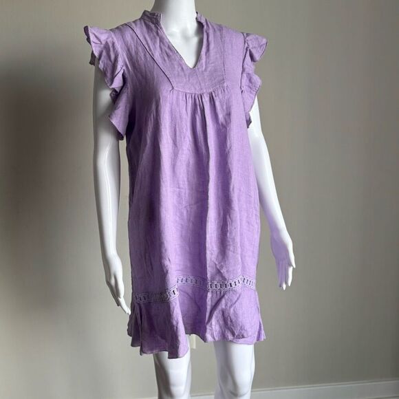 Made In Italy Lavender 100% Linen Embroidery Ruffle Dress Size S - Picture 1 of 8